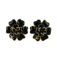 Chanel Black Gripoix Camellia Flower Clip-On Earrings with CC Logo Fall 2002