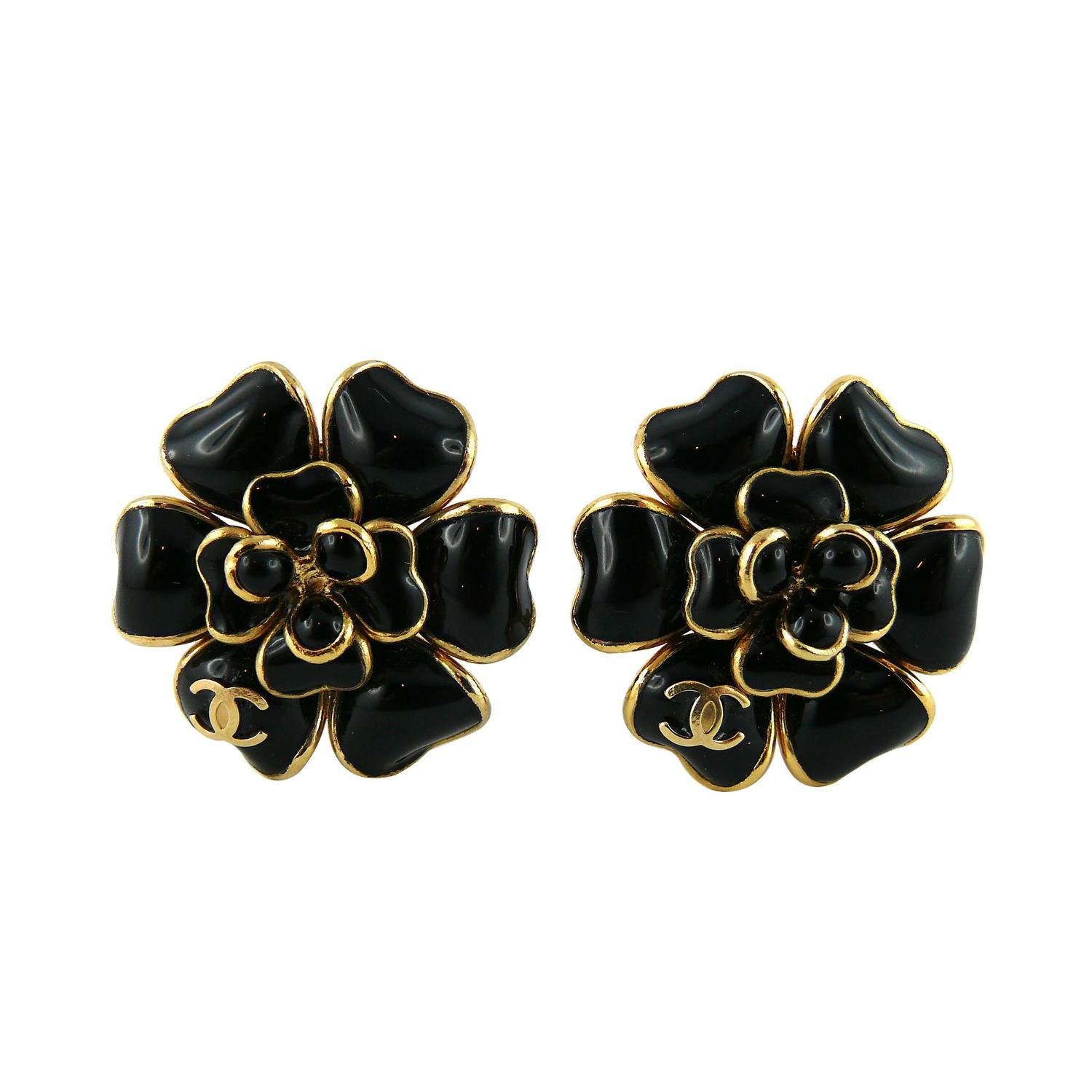 Chanel Black Gripoix Camellia Flower ClipOn Earrings with CC Logo Fall