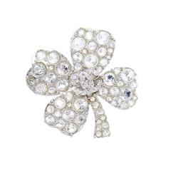 1980s Chanel Silver Rhinestone Studded Clover Broach W Logo