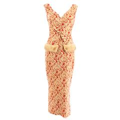 Red and gold brocade dress with mink trim, circa 1960