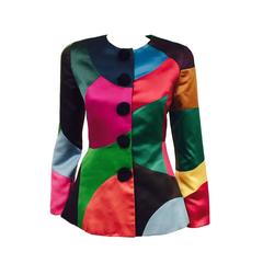 Vintage Oscar de la Renta Fitted Multi Color Harlequin Satin Jacket 7