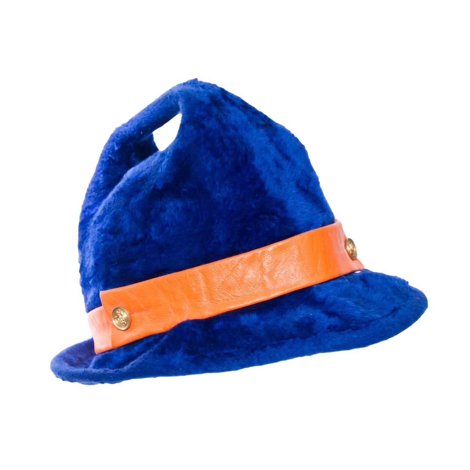 1960s Yves Saint Laurent Blue Felt Handle Hat w. Orange Trim For Sale