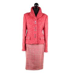 VERSACE Red Wool SUIT Blazer & Skirt TWEED & HOUNDSTOOTH Pattern SZ 42 IT 