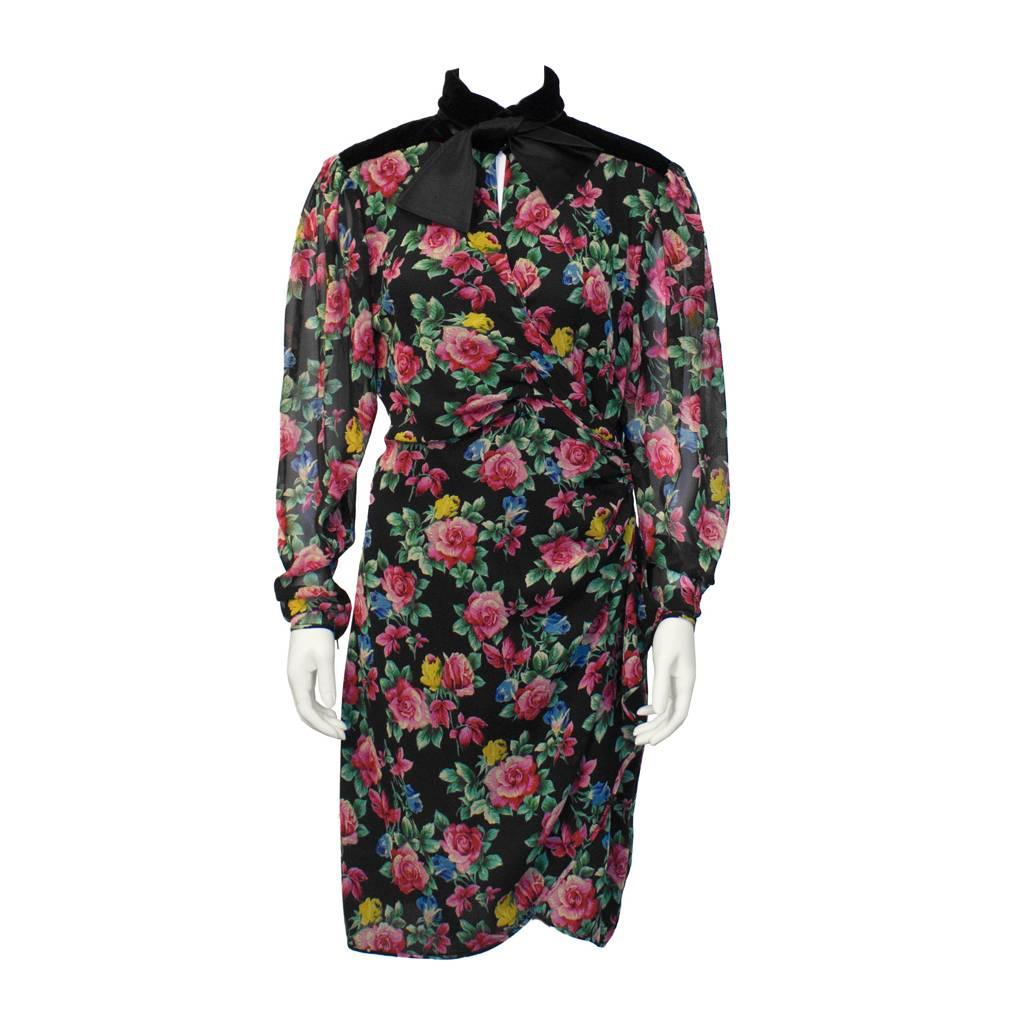 1980's Ungaro Floral Long Sleeve Cocktail Dress