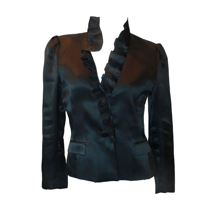 Oscar de la Renta Navy Silk Organza Jacket w/ Pleated Ruffle Collar 8