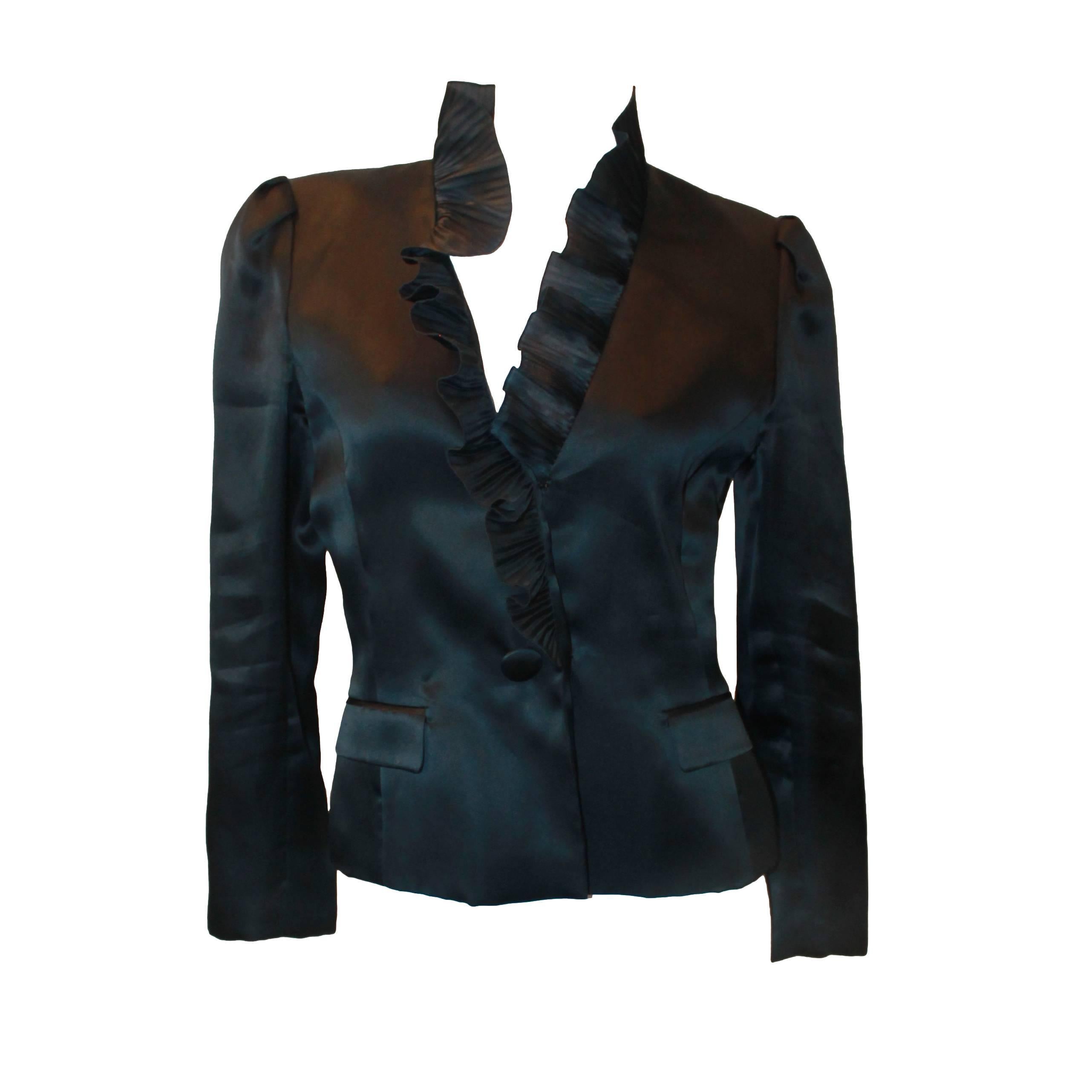Oscar de la Renta Navy Silk Organza Jacket w/ Pleated Ruffle Collar - 8 For Sale