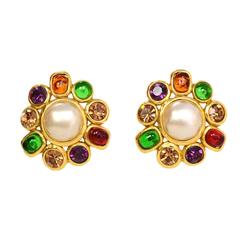 CHANEL Vintage '87 Multi-Color Gripoix, Rhinestone & Pearl Clip On Earrings