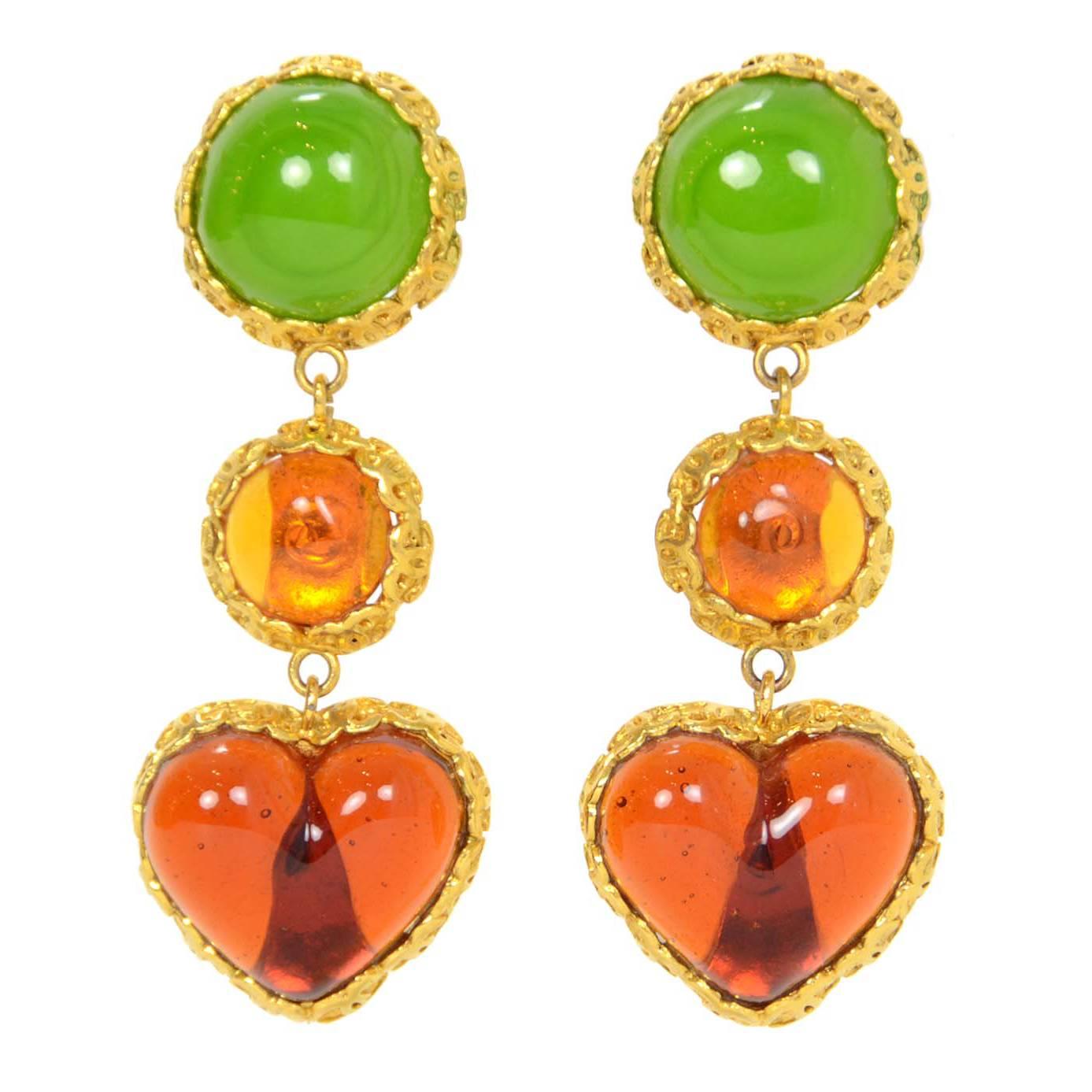 Chanel Vintage 1988 Green & Amber Gripoix Clip On Earrings 