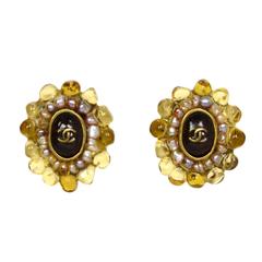 CHANEL Vintage Yellow Gripoix & Pearl Clip On Earrings