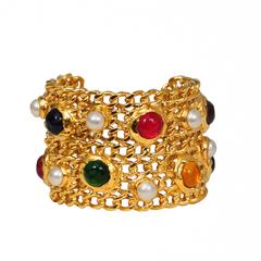 Pearl and Cabochon Gold and Chain Cuff Pearl and Cabochon Gold and Chain Cuff