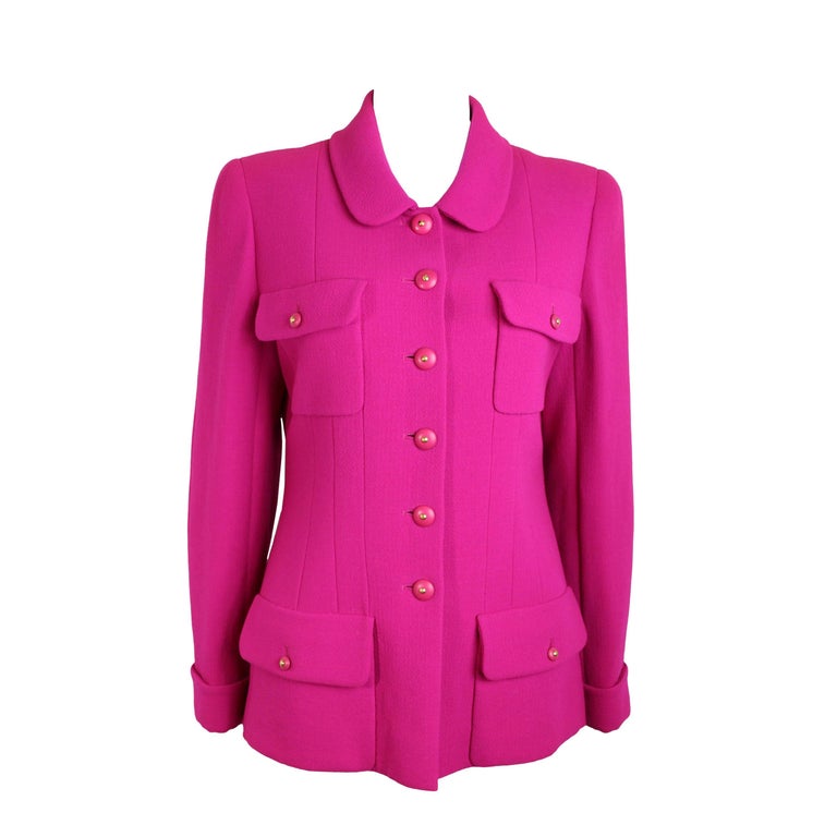 Vintage 1995 Chanel Fuchsia Boucle Wool Jacket  For Sale