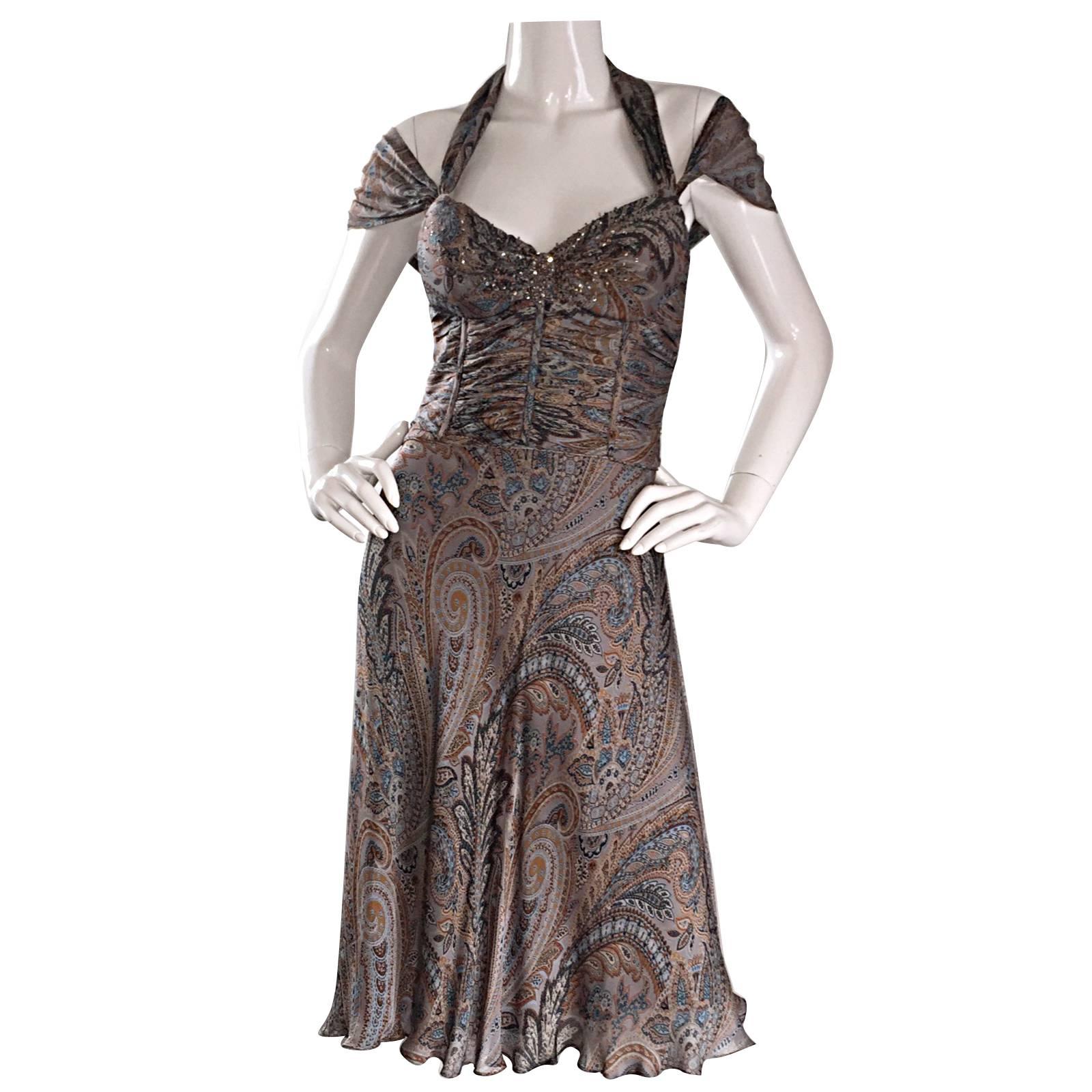 Stunning Badgley Mischka 2000s Silk Beaded Paisley Halter Cap Sleeve Dress