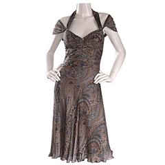 Vintage Stunning Badgley Mischka 2000s Silk Beaded Paisley Halter Cap Sleeve Dress