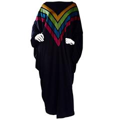 Amazing Vintage Howard Hirsh Black 70s Caftan Dress w/ Rainbow Chevron Stripes 