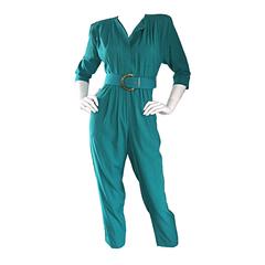 Chic 1980s 80s Teal Green Vintage Jumpsuit Romper Onesie w/ Belt
