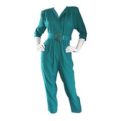 Chic 1980s 80s Teal Green Retro Jumpsuit Romper Onesie w/ Belt 