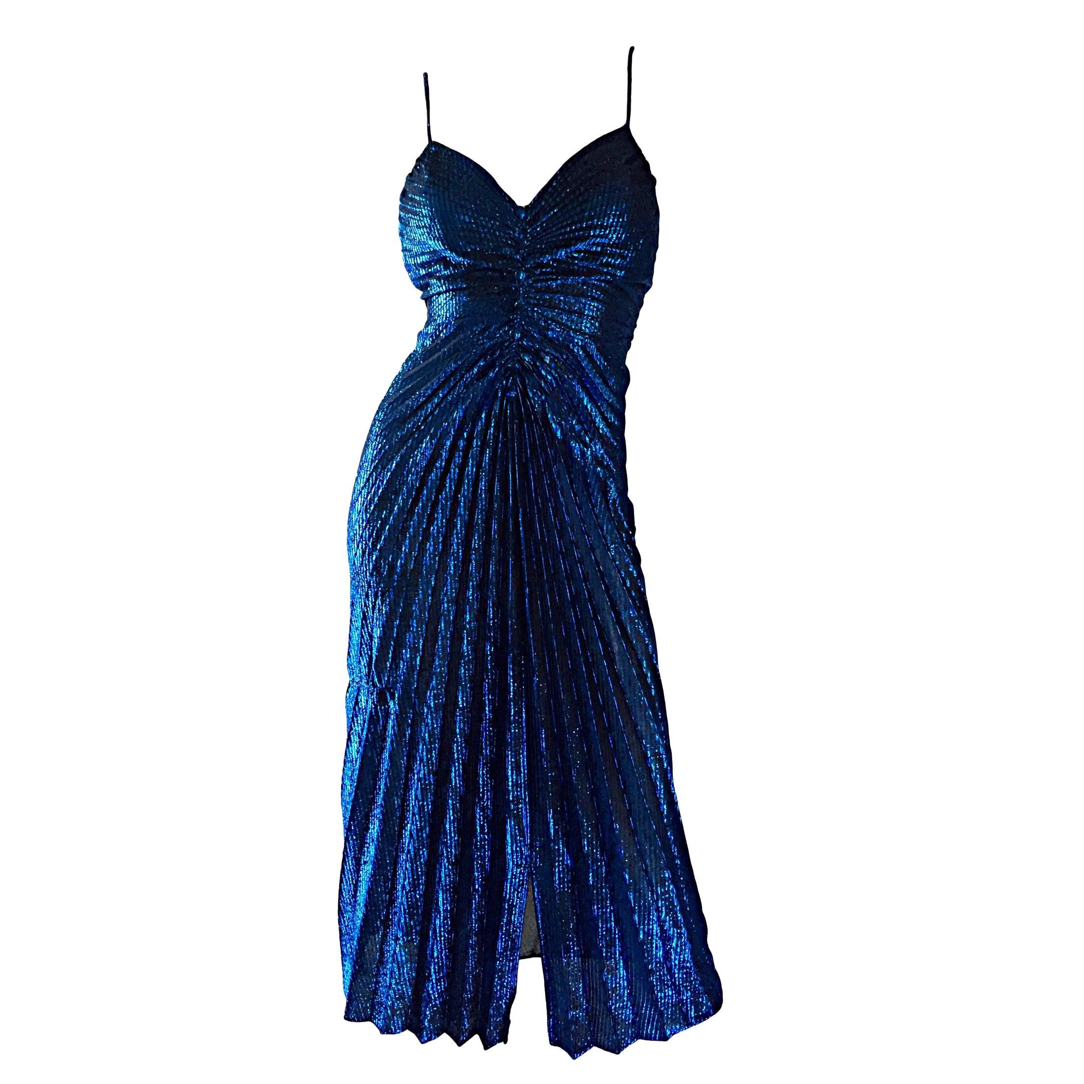 Vintage New Leaf Samir 1970s 70s Sexy Blue Metallic Pleated Disco Dress 
