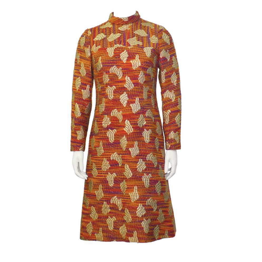 1960's Orange and Gold Long-Sleeve Brocade A- Line Dress