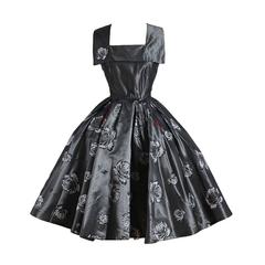 Vintage 1950s Gunmetal Gray Rhinestone Floral Dress