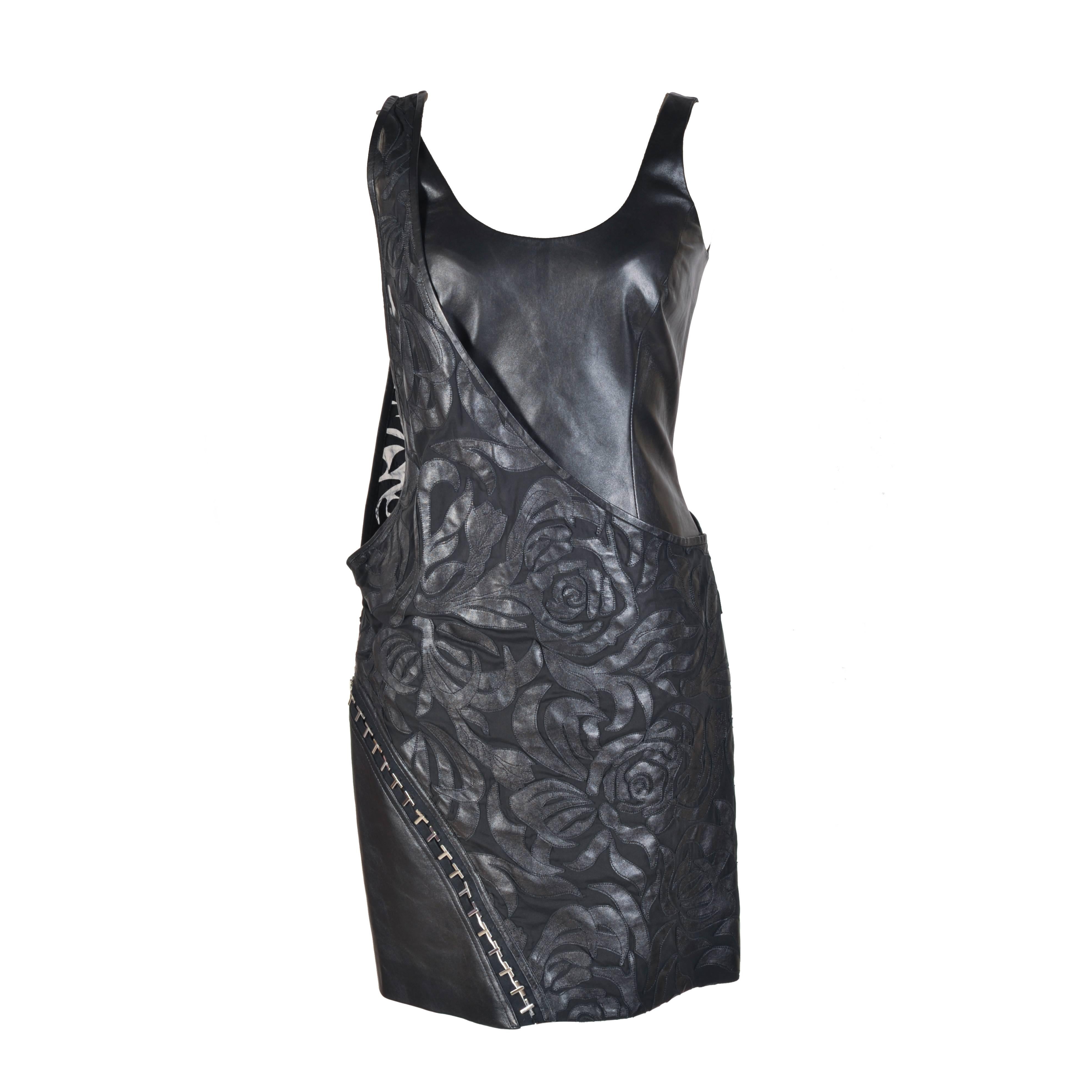 Versace Black Floral Detail Leather Dress 38 - 2 (4) For Sale