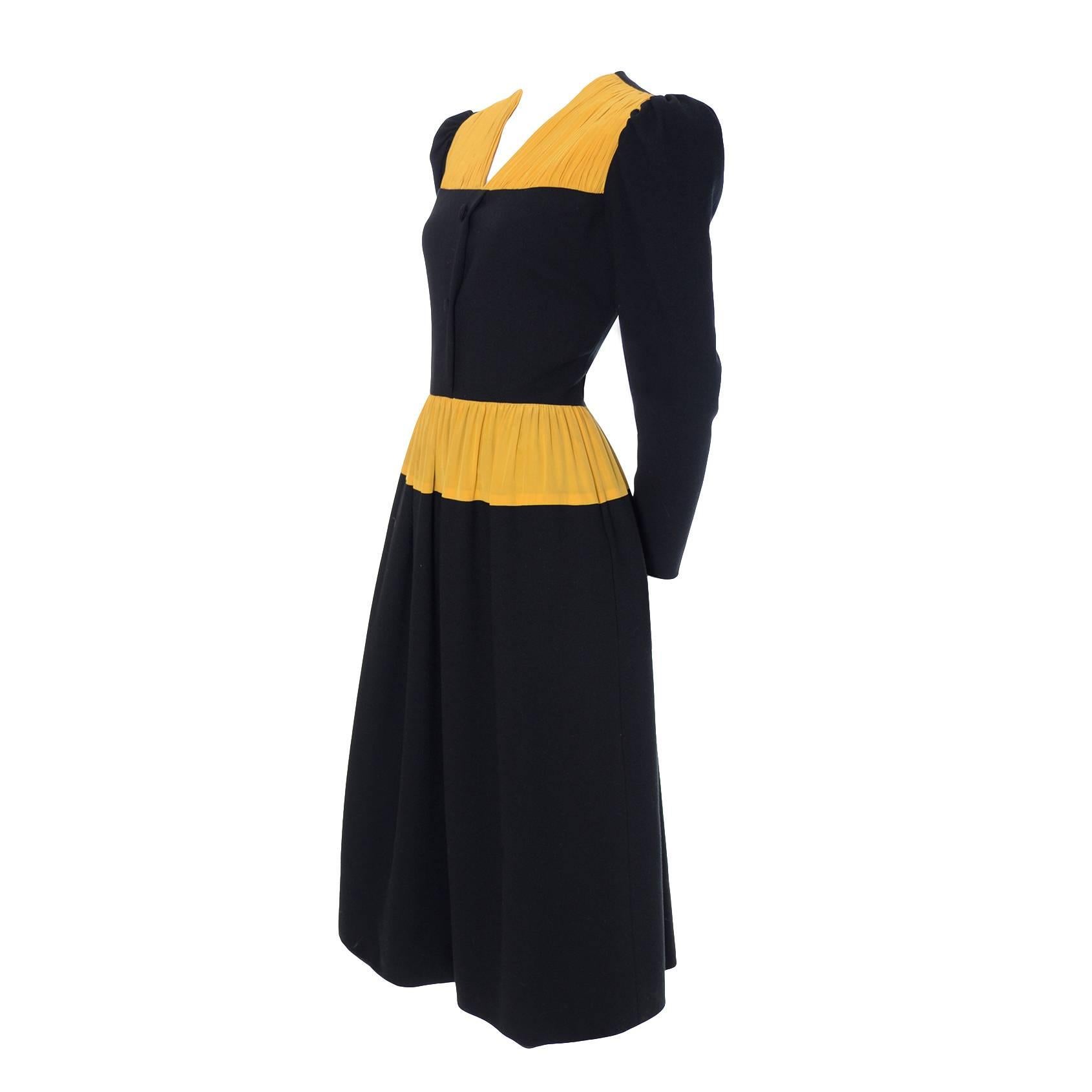 Vintage Carolina Herrera Pleated Wool Crepe Dress Pleated Black & Yellow Silk