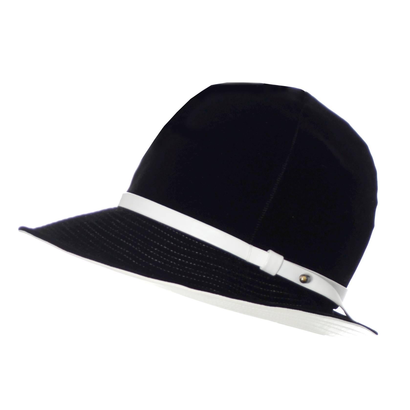Mr. John 1960s Black Velvet Vintage Hat White Leather Trim Hat Pin I Magnin For Sale