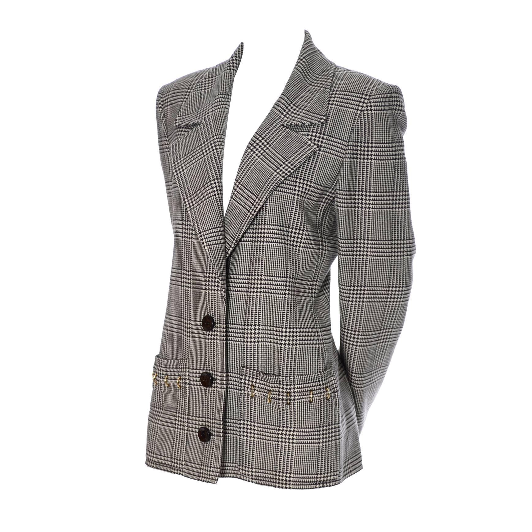 Valentino Boutique Vintage Plaid Wool Blazer Jacket with Metal Rings