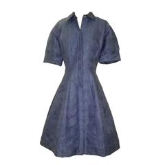 Oscar de la Renta P15 Blue Houndstooth Waffle Weave Full Skirted Shirt Dress
