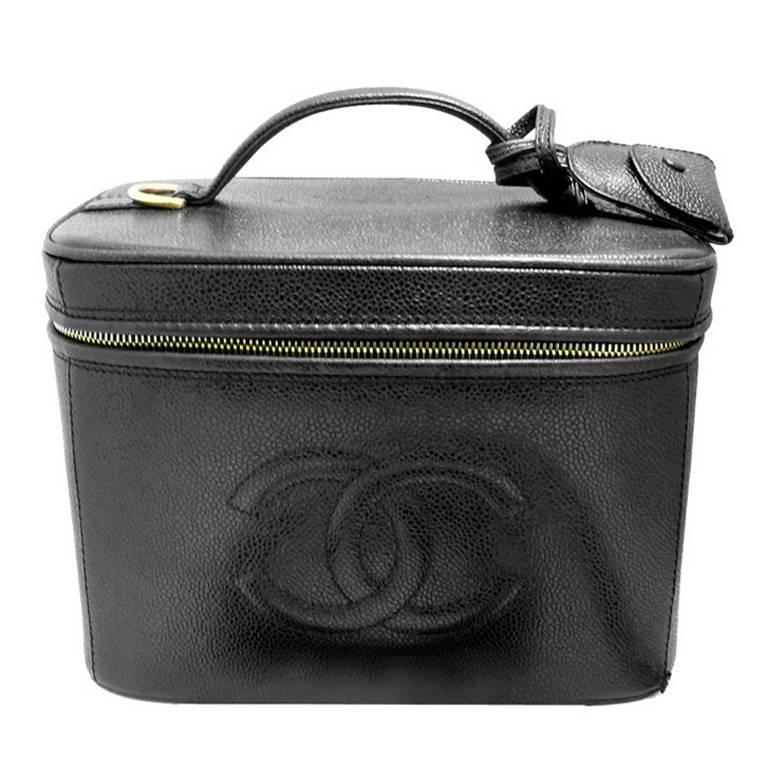 Vintage Signed Chanel Italy Black Leather Vanity Purse For Sale at 1stdibs