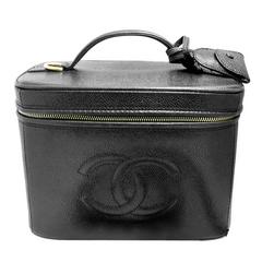 Chanel Vintage Signed Italy Black Leather Vanity Purse