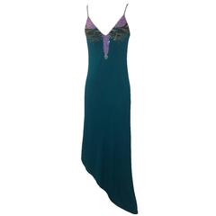 Stephen Burrows 70s Teal Beaded Assymetrical Jersey Dress 