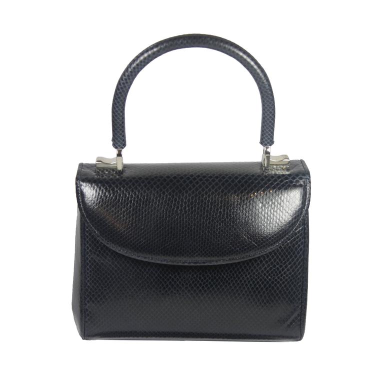 JUDITH LEIBER Navy Lizard Skin Purse with Top Handle and Silver