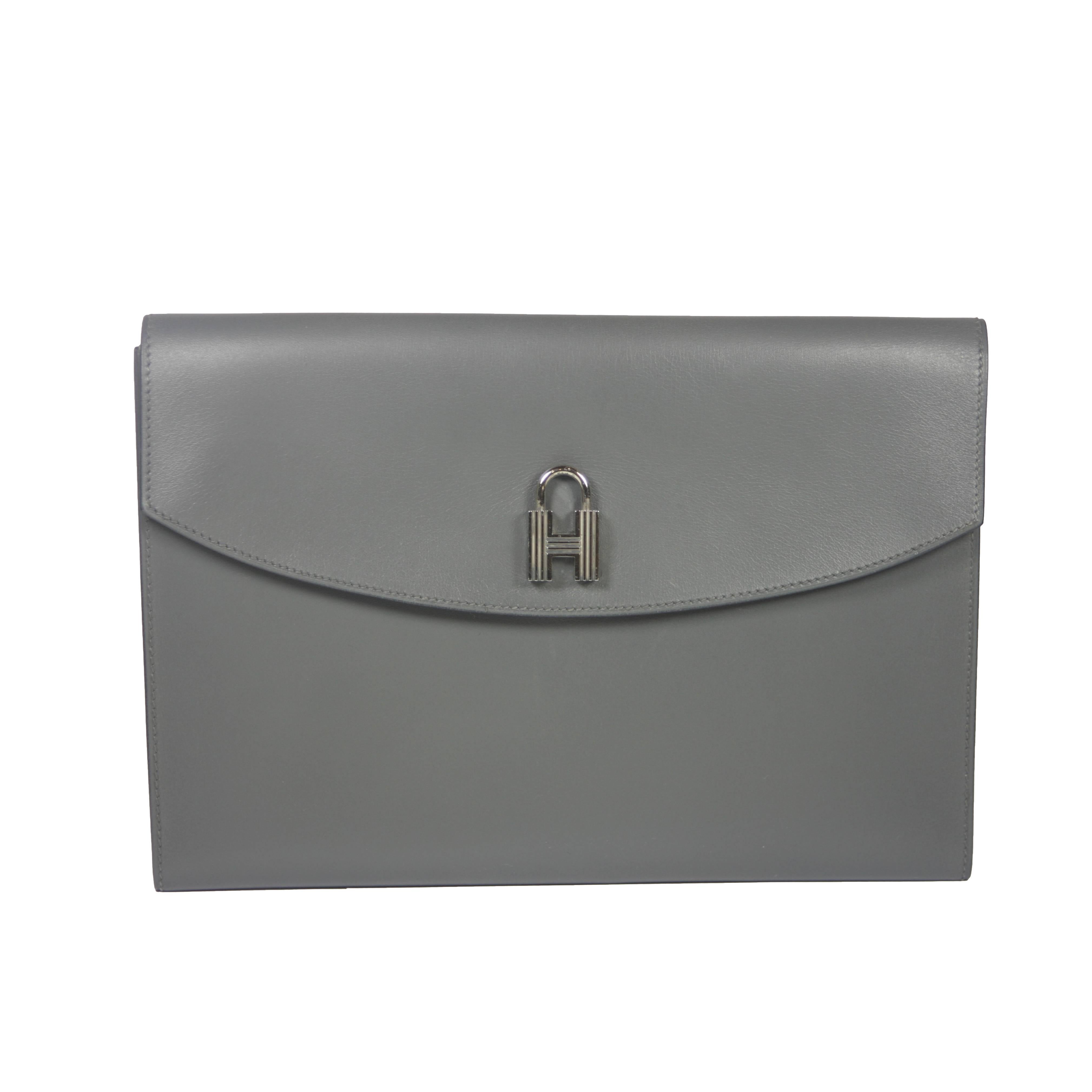 HERMES Grey Leather Envelope Clutch with Silver Padlock Detail