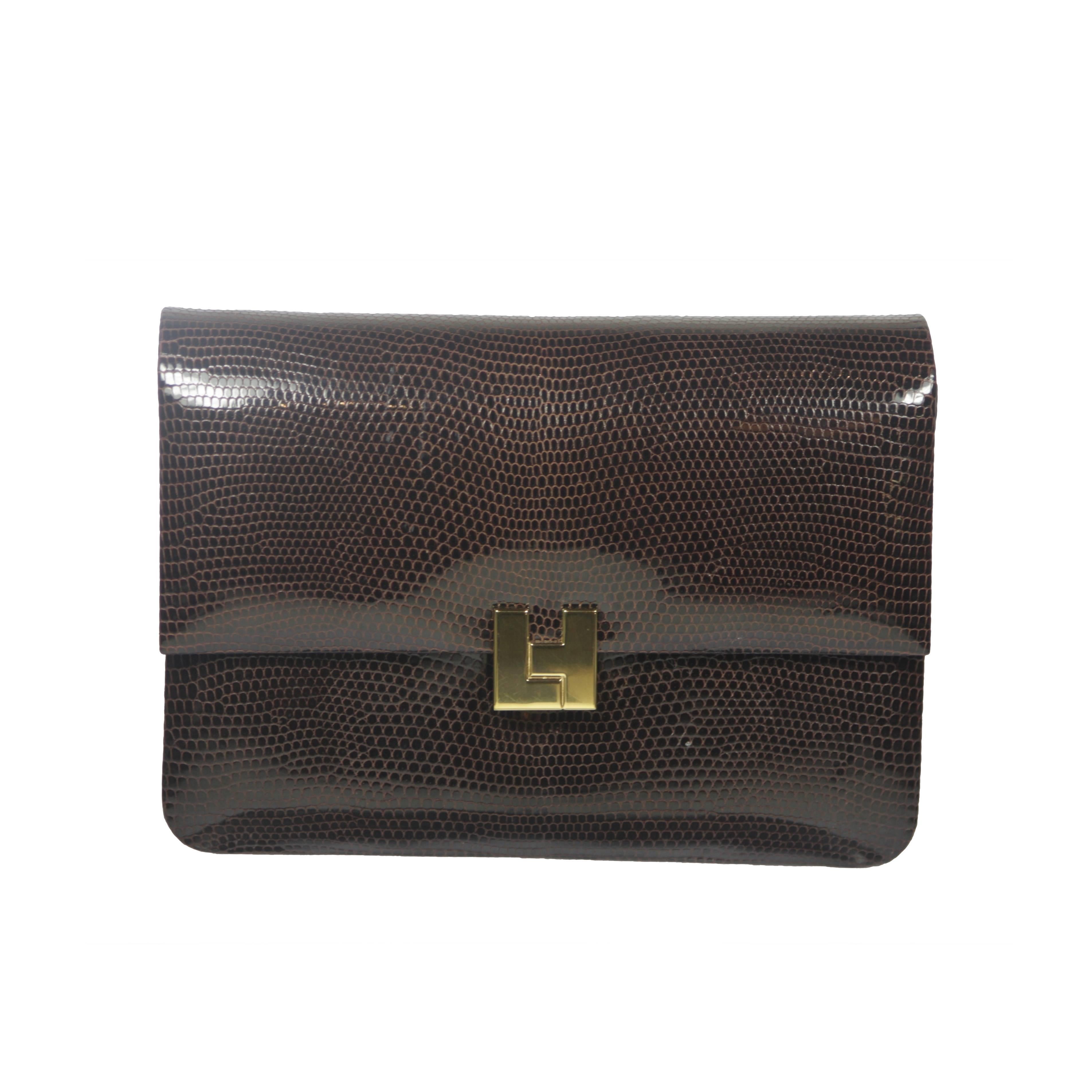 LAMBERTSON TRUEX Brown Lizard Clutch with Gold Hardware and Optional Strap