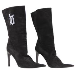 VERSACE Black Suede MID CALF BOOTS Stiletto HEELS w/ Rhinestones Sz 39 IT