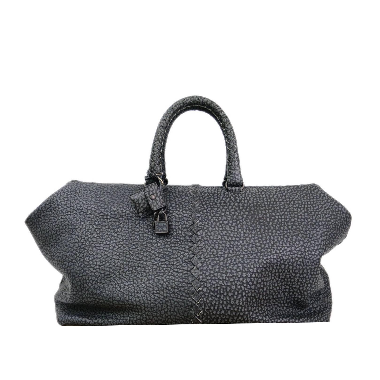 Bottega Veneta Black Textured Leather Overnight Weekend Duffle Bag