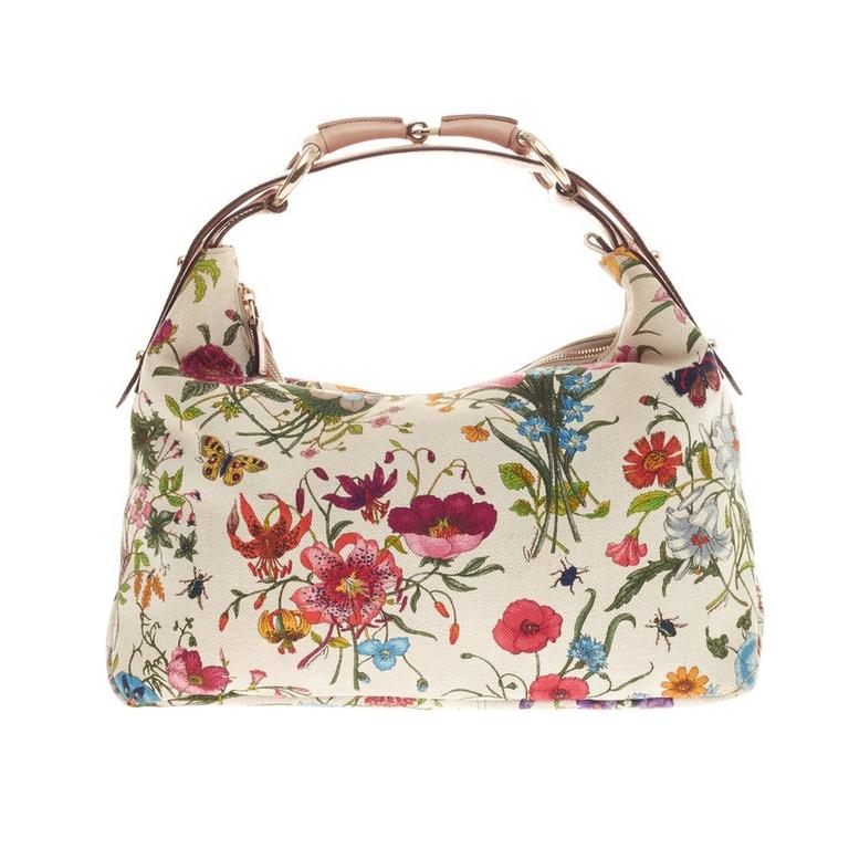 Authentic GUCCI Botanical Floral Canvas Print Horsebit Hobo 