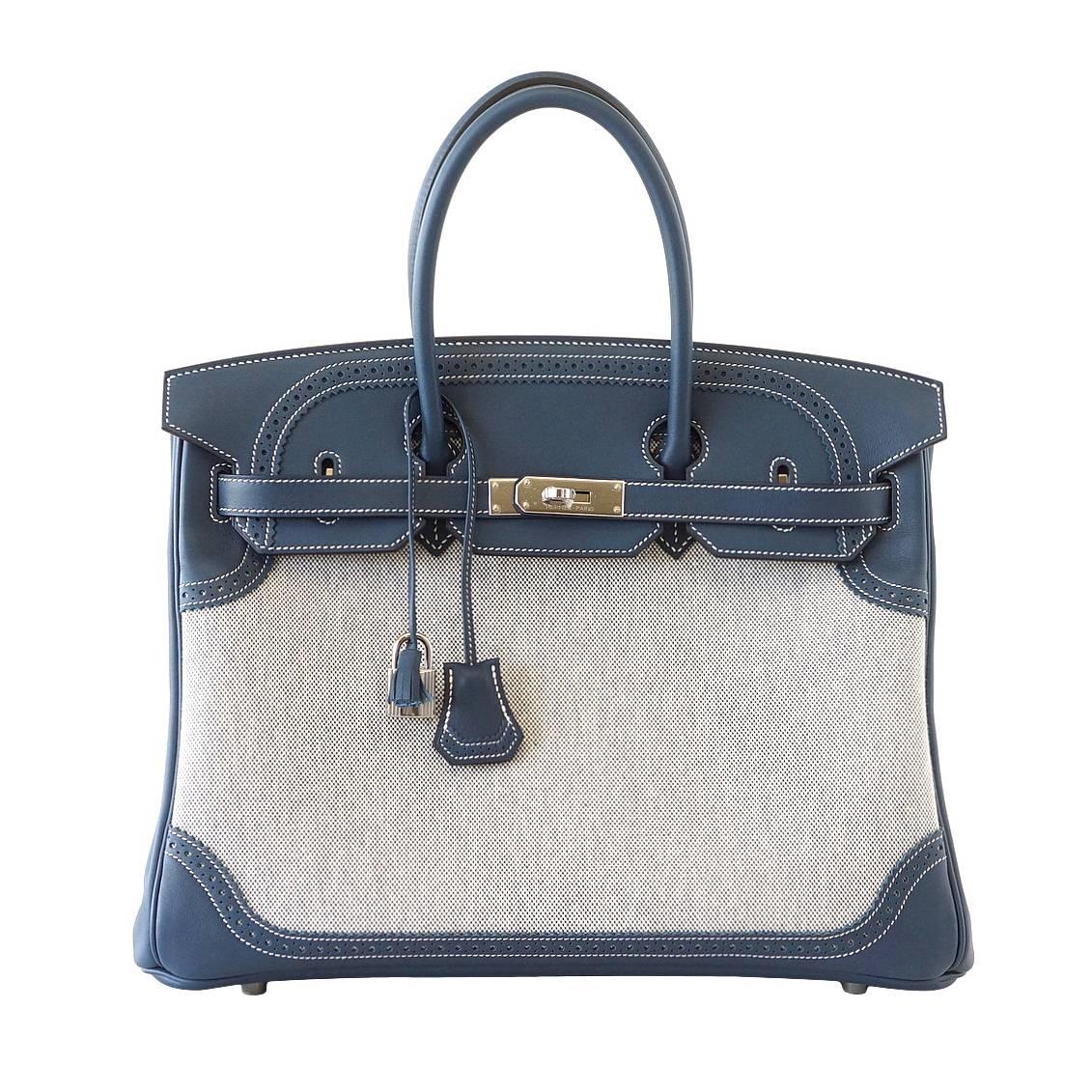 HERMES BIRKIN 35 bag Ghillies blue swift Toile Palladium