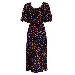Vintage 1970's Yves Saint Laurent Floral Print Navy Silk Billow-Sleeve Peasant Dress