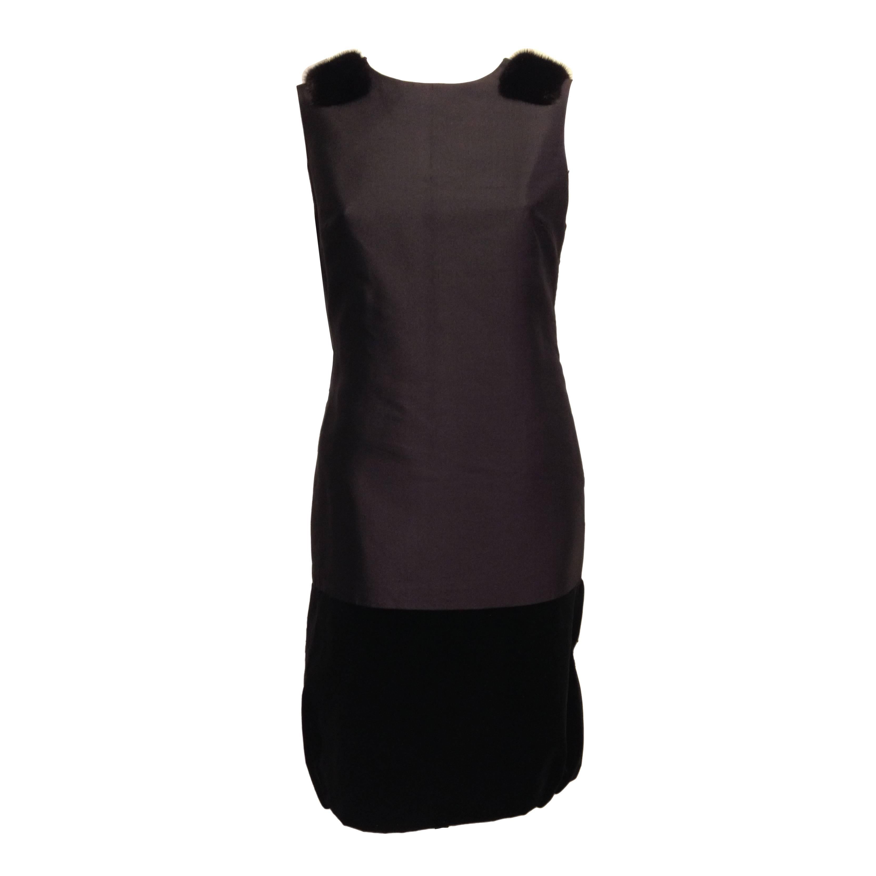 J. Mendel Black Silk Dress with Fur Epaulettes Size 10