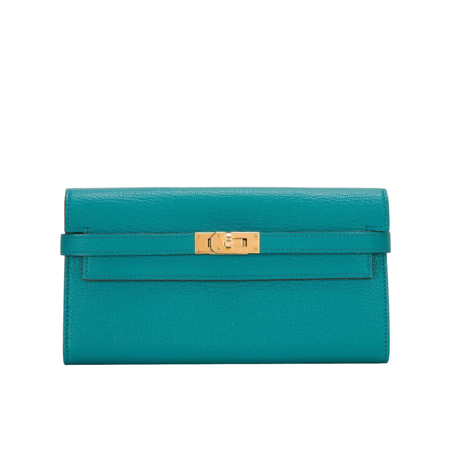 Hermes Blue Paon Chevre Kelly Long Wallet NEW For Sale