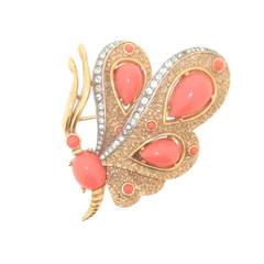 Vintage Crown Trifari Butterfly Brooch Coral Glass