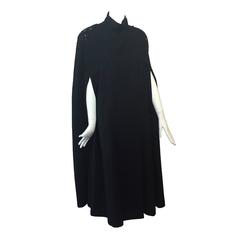 Vintage 1980s Black Wool Cape with Funnel Neck and Beaded Shoulder Epaulets 