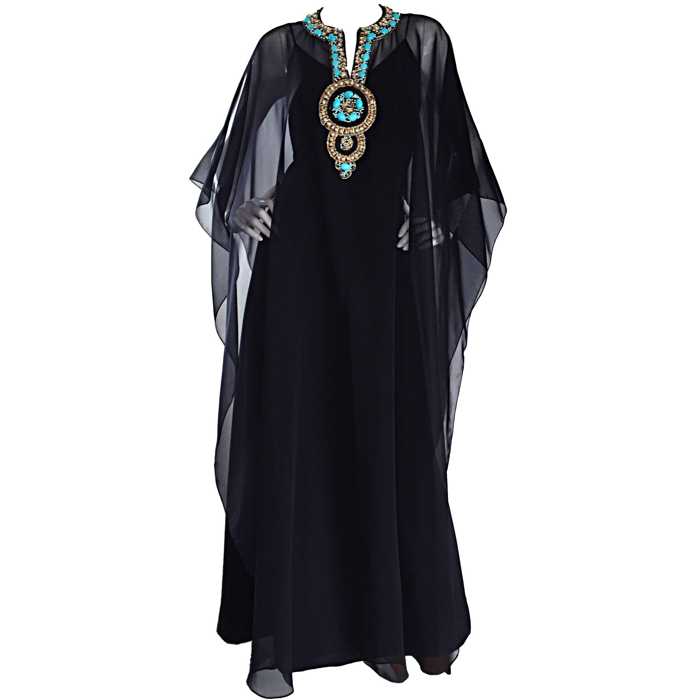 Sensational Vintage 1970s 70s Black Maxi Dress w/ Turquoise Jeweled Caftan Set