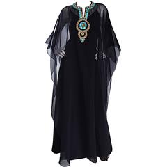 Sensational Vintage 1970s 70s Black Maxi Dress w/ Turquoise Jeweled Caftan Set 