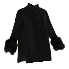1960s Vintage Black Velvet Swing Jacket or Coat with Marabou Feather Cuffs