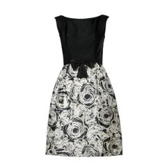 Black and White Graphic Vintage Floral Print Silk Cocktail Dress, 1960s