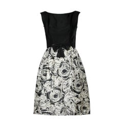 Black and White Graphic Vintage Floral Print Silk Cocktail Dress, 1960s 