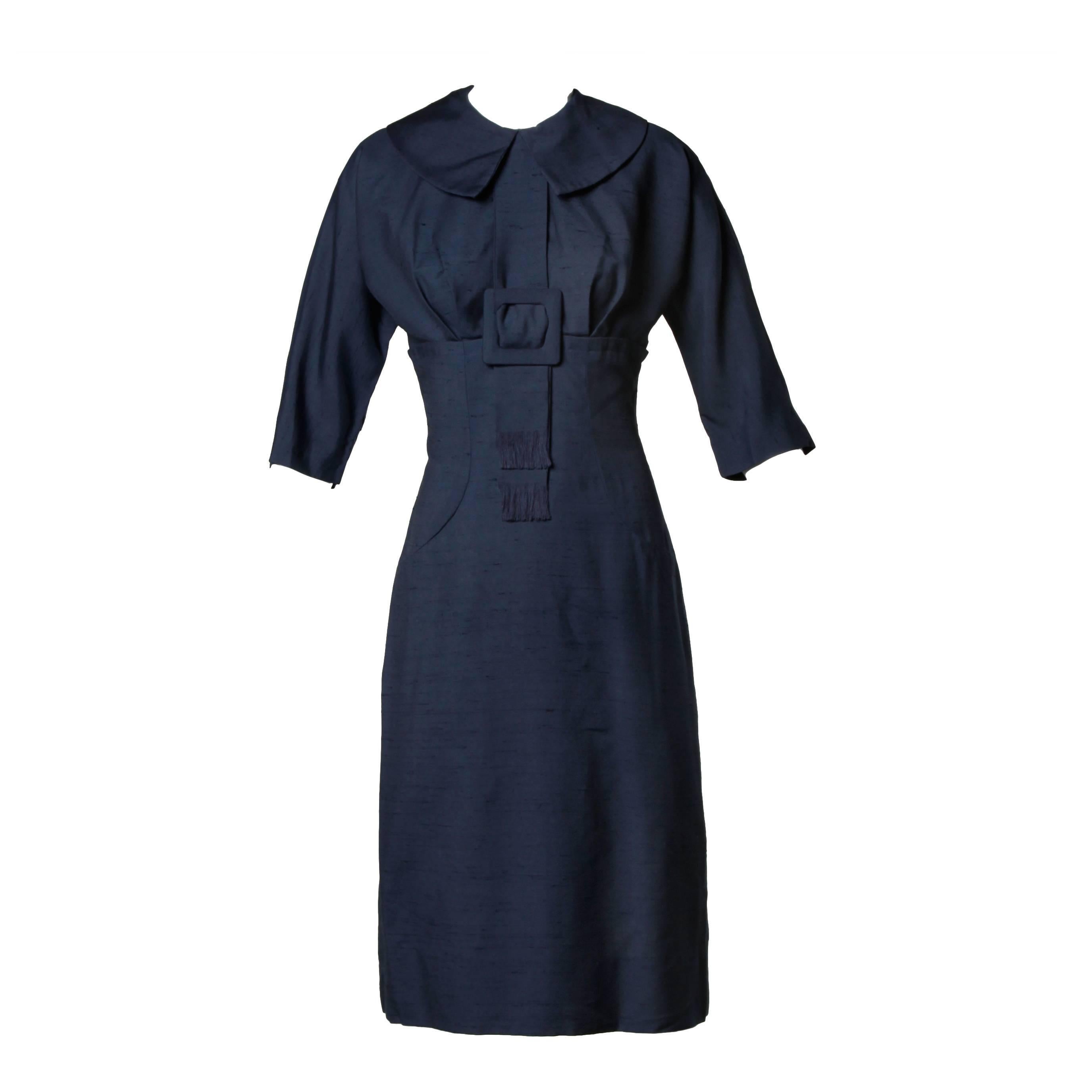 1950s Vintage  Navy Blue Bombshell Wiggle Dress with Buckle Detail