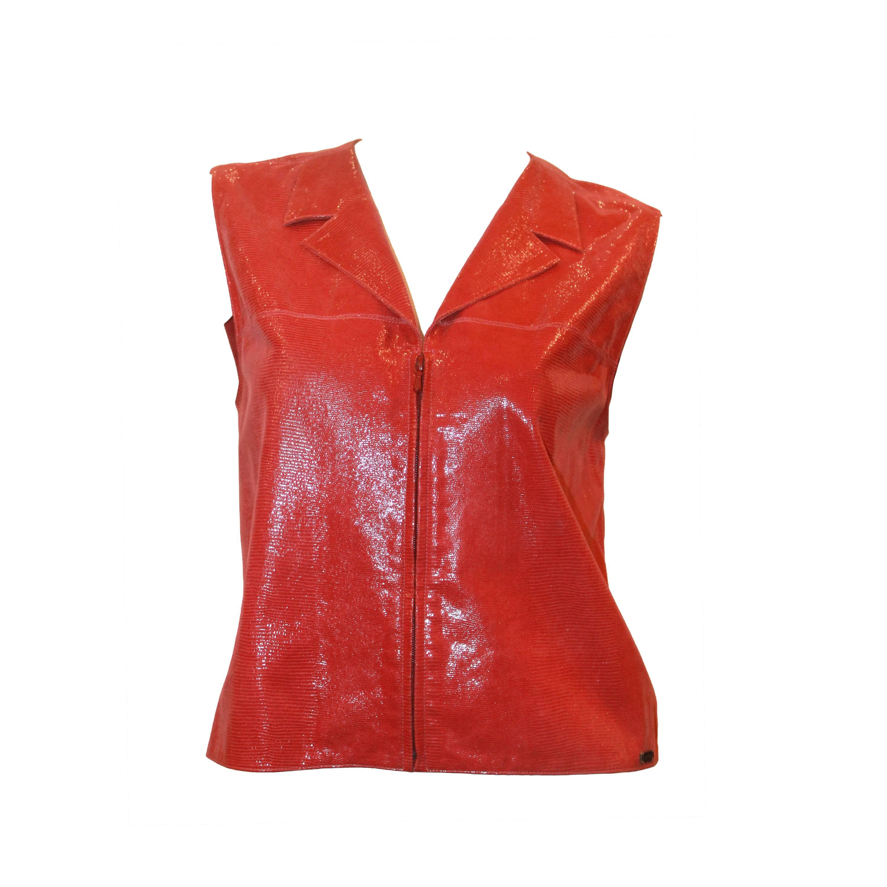 Chanel Rose Lizard Embossed Leather Vest with Front Zip - 38 - circa 2001